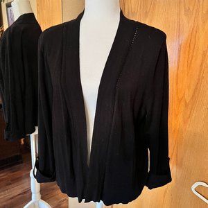 SOLD  Black Hip-Length Open-Front Cuffed Sleeve Cardigan Sweater, Sz XL